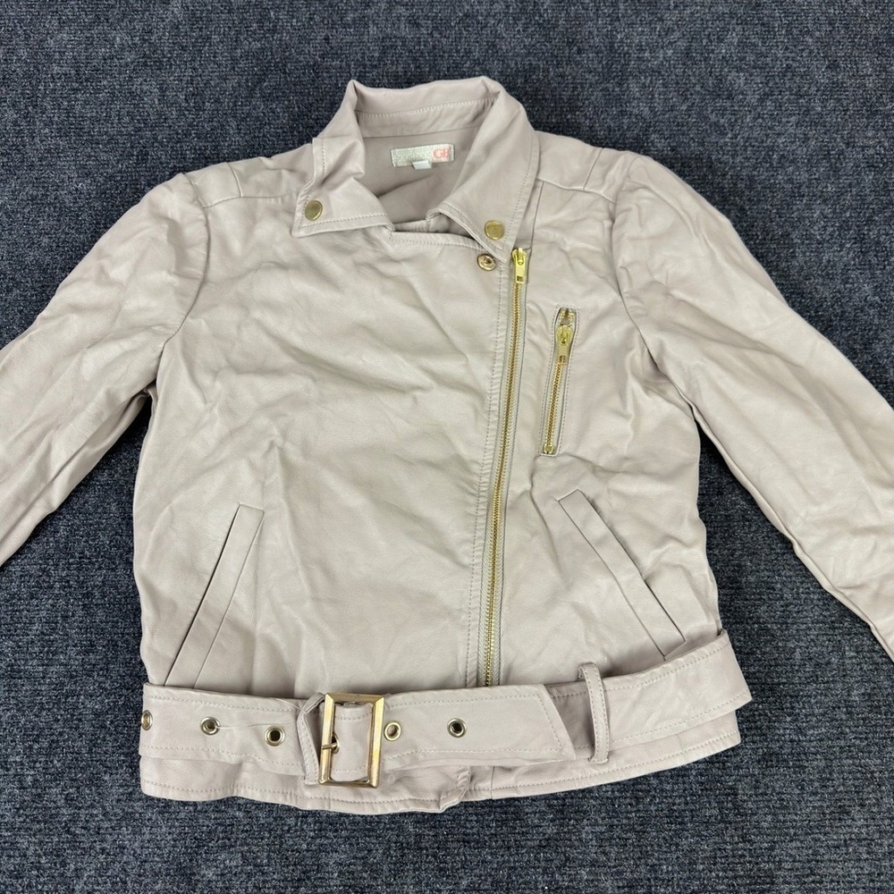 GB Faux‎ Leather Moto Jacket Taupe Beige Gold Zip Belted Biker XS